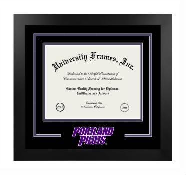 University of Portland Logo Mat Frame in Manhattan Black with Black & Purple Mats for document: 8 1/2"h x 11"w  