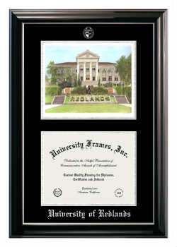 University of Redlands Double Opening with Campus Image (Stacked) Frame in Classic Ebony with Silver Trim with Black & Silver Mats for document: 8 1/2"h x 11"w  