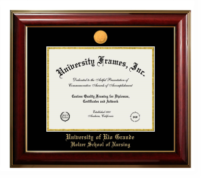 University of Rio Grande Holzer School of Nursing Diploma Frame in Classic Mahogany with Gold Trim with Black & Gold Mats for document: 8 1/2"h x 11"w  