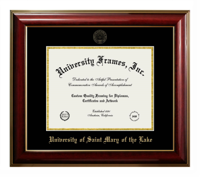 University of Saint Mary of the Lake Diploma Frame in Classic Mahogany with Gold Trim with Black & Gold Mats for document: 8 1/2"h x 11"w  