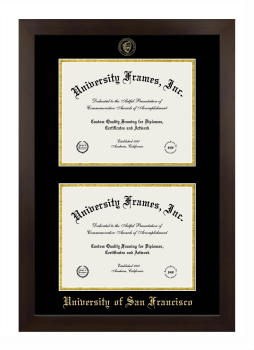 University of San Francisco Double Diploma Frame in Manhattan Espresso with Black & Gold Mats for document: 8 1/2"h x 11"w  , document: 8 1/2"h x 11"w  