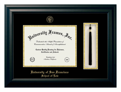 University of San Francisco School of Law Diploma with Tassel Box Frame in Satin Black with Black & Gold Mats for document: 8 1/2"h x 11"w  