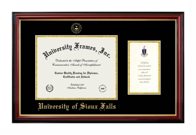 University of Sioux Falls Diploma with Announcement Frame in Petite Mahogany with Gold Trim with Black & Gold Mats for document: 8 1/2"h x 11"w  , diploma: 7"h x 4"w  