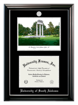 University of South Alabama Double Opening with Campus Image (Stacked) Frame in Classic Ebony with Silver Trim with Black & Silver Mats for document: 8 1/2"h x 11"w  