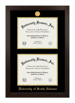 University of South Alabama Double Diploma Frame in Manhattan Espresso with Black & Gold Mats for document: 8 1/2"h x 11"w  , document: 8 1/2"h x 11"w  