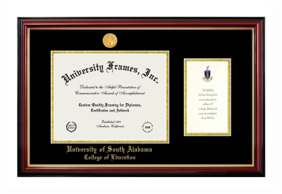 University of South Alabama College of Education Diploma with Announcement Frame in Petite Mahogany with Gold Trim with Black & Gold Mats for document: 8 1/2"h x 11"w  , diploma: 7"h x 4"w  
