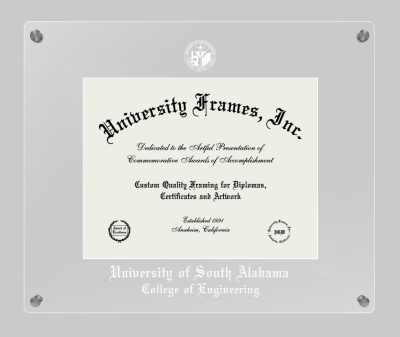University of South Alabama College of Engineering Lucent Clear-over-Clear Frame in Lucent Clear Moulding with Lucent Clear Mat for document: 8 1/2"h x 11"w  
