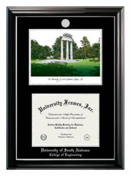 University of South Alabama College of Engineering Double Opening with Campus Image (Stacked) Frame in Classic Ebony with Silver Trim with Black & Silver Mats for document: 8 1/2"h x 11"w  