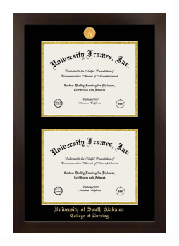 University of South Alabama College of Nursing Double Diploma Frame in Manhattan Espresso with Black & Gold Mats for document: 8 1/2"h x 11"w  , document: 8 1/2"h x 11"w  