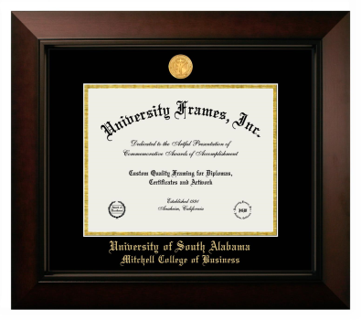 University of South Alabama Mitchell College of Business Diploma Frame in Legacy Black Cherry with Black & Gold Mats for document: 8 1/2"h x 11"w  