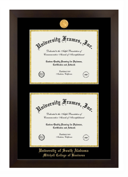 University of South Alabama Mitchell College of Business Double Diploma Frame in Manhattan Espresso with Black & Gold Mats for document: 8 1/2"h x 11"w  , document: 8 1/2"h x 11"w  