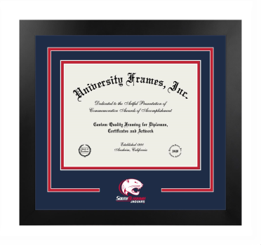 University of South Alabama Pat Capps Covey College of Allied Health Professions Logo Mat Frame in Manhattan Black with Navy Blue & Red Mats for document: 8 1/2"h x 11"w  