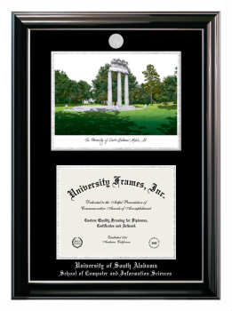University of South Alabama School of Computer and Information Sciences Double Opening with Campus Image (Stacked) Frame in Classic Ebony with Silver Trim with Black & Silver Mats for document: 8 1/2"h x 11"w  