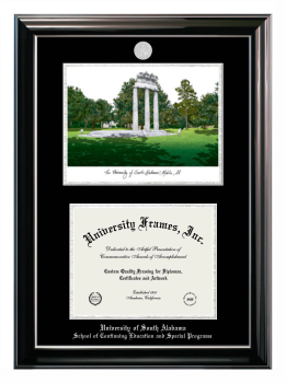 University of South Alabama School of Continuing Education and Special Programs Double Opening with Campus Image (Stacked) Frame in Classic Ebony with Silver Trim with Black & Silver Mats for document: 8 1/2"h x 11"w  