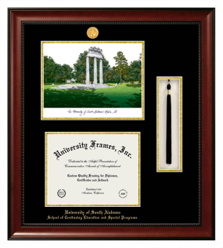 University of South Alabama School of Continuing Education and Special Programs Double Opening with Campus Image & Tassel Box (Stacked) Frame in Avalon Mahogany with Black & Gold Mats for document: 8 1/2"h x 11"w  