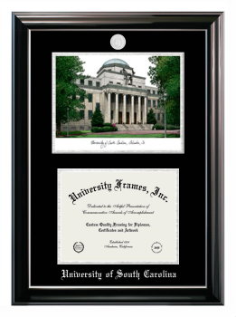 University of South Carolina Double Opening with Campus Image (Stacked) Frame in Classic Ebony with Silver Trim with Black & Silver Mats for document: 8 1/2"h x 11"w  