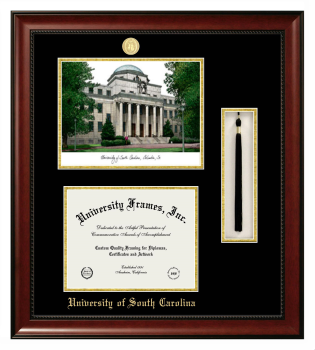 University of South Carolina Double Opening with Campus Image & Tassel Box (Stacked) Frame in Avalon Mahogany with Black & Gold Mats for document: 8 1/2"h x 11"w  