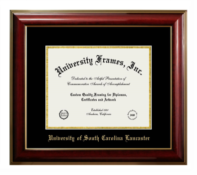University of South Carolina Lancaster Diploma Frame in Classic Mahogany with Gold Trim with Black & Gold Mats for document: 8 1/2"h x 11"w  