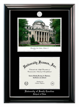 University of South Carolina School of Law Double Opening with Campus Image (Stacked) Frame in Classic Ebony with Silver Trim with Black & Silver Mats for document: 8 1/2"h x 11"w  