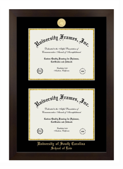 University of South Carolina School of Law Double Diploma Frame in Manhattan Espresso with Black & Gold Mats for document: 8 1/2"h x 11"w  , document: 8 1/2"h x 11"w  