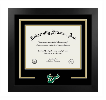 University of South Florida Logo Mat Frame in Manhattan Black with Black & Tan Mats for document: 8 1/2"h x 11"w  