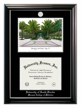 University of South Florida Morsani College of Medicine Double Opening with Campus Image (Stacked) Frame in Classic Ebony with Silver Trim with Black & Silver Mats for document: 8 1/2"h x 11"w  