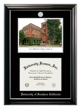 University of Southern California Double Opening with Campus Image (Stacked) Frame in Classic Ebony with Silver Trim with Black & Silver Mats for document: 8 1/2"h x 11"w  