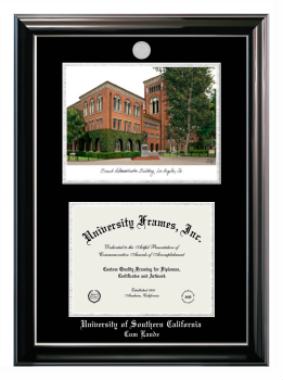 University of Southern California Cum Laude Double Opening with Campus Image (Stacked) Frame in Classic Ebony with Silver Trim with Black & Silver Mats for document: 8 1/2"h x 11"w  