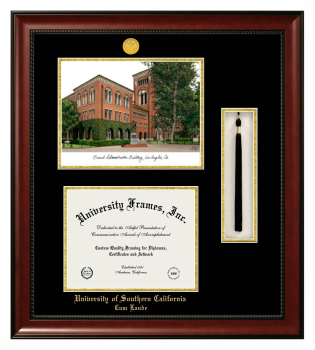 University of Southern California Cum Laude Double Opening with Campus Image & Tassel Box (Stacked) Frame in Avalon Mahogany with Black & Gold Mats for document: 8 1/2"h x 11"w  