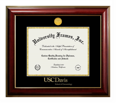 University of Southern California Davis School of Gerontology Diploma Frame in Classic Mahogany with Gold Trim with Black & Gold Mats for document: 8 1/2"h x 11"w  