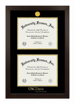 University of Southern California Davis School of Gerontology Double Diploma Frame in Manhattan Espresso with Black & Gold Mats for document: 8 1/2"h x 11"w  , document: 8 1/2"h x 11"w  
