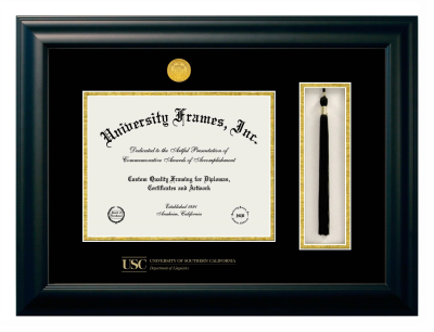 University of Southern California Department of Linguistics Diploma with Tassel Box Frame in Satin Black with Black & Gold Mats for document: 8 1/2"h x 11"w  