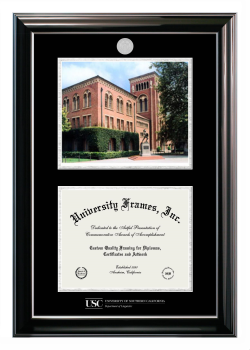 University of Southern California Department of Linguistics Double Opening with Campus Image (Stacked) Frame in Classic Ebony with Silver Trim with Black & Silver Mats for document: 8 1/2"h x 11"w  
