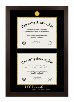 University of Southern California Dornsife College of Letters, Arts, and Sciences Double Diploma Frame in Manhattan Espresso with Black & Gold Mats for document: 8 1/2"h x 11"w  , document: 8 1/2"h x 11"w  