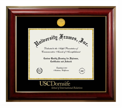 University of Southern California Dornsife School of International Relations Diploma Frame in Classic Mahogany with Gold Trim with Black & Gold Mats for document: 8 1/2"h x 11"w  