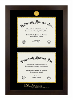 University of Southern California Dornsife School of International Relations Double Diploma Frame in Manhattan Espresso with Black & Gold Mats for document: 8 1/2"h x 11"w  , document: 8 1/2"h x 11"w  