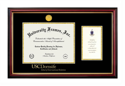University of Southern California Dornsife School of International Relations Diploma with Announcement Frame in Petite Mahogany with Gold Trim with Black & Gold Mats for document: 8 1/2"h x 11"w  , diploma: 7"h x 4"w  