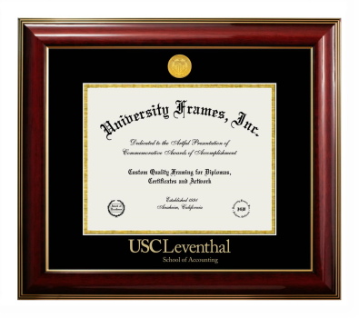 University of Southern California Leventhal School of Accounting Diploma Frame in Classic Mahogany with Gold Trim with Black & Gold Mats for document: 8 1/2"h x 11"w  
