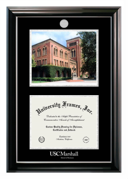 University of Southern California Marshall School of Business Double Opening with Campus Image (Stacked) Frame in Classic Ebony with Silver Trim with Black & Silver Mats for document: 8 1/2"h x 11"w  