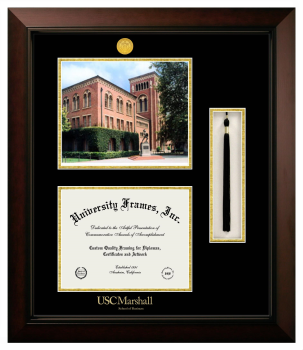 University of Southern California Marshall School of Business Double Opening with Campus Image & Tassel Box (Stacked) Frame in Legacy Black Cherry with Black & Gold Mats for document: 8 1/2"h x 11"w  