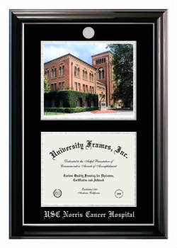 University of Southern California Norris Cancer Hospital Double Opening with Campus Image (Stacked) Frame in Classic Ebony with Silver Trim with Black & Silver Mats for document: 8 1/2"h x 11"w  