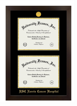University of Southern California Norris Cancer Hospital Double Diploma Frame in Manhattan Espresso with Black & Gold Mats for document: 8 1/2"h x 11"w  , document: 8 1/2"h x 11"w  