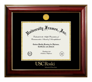 University of Southern California Roski School of Fine Arts Diploma Frame in Classic Mahogany with Gold Trim with Black & Gold Mats for document: 8 1/2"h x 11"w  