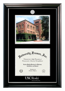 University of Southern California Roski School of Fine Arts Double Opening with Campus Image (Stacked) Frame in Classic Ebony with Silver Trim with Black & Silver Mats for document: 8 1/2"h x 11"w  