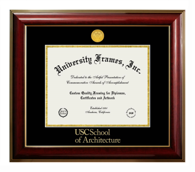 University of Southern California School of Architecture Diploma Frame in Classic Mahogany with Gold Trim with Black & Gold Mats for document: 8 1/2"h x 11"w  