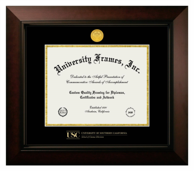 University of Southern California School of Cinema-Television Diploma Frame in Legacy Black Cherry with Black & Gold Mats for document: 8 1/2"h x 11"w  