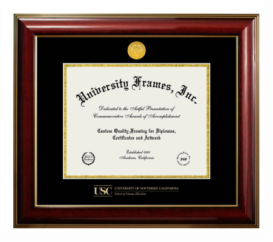 University of Southern California School of Cinema-Television Diploma Frame in Classic Mahogany with Gold Trim with Black & Gold Mats for document: 8 1/2"h x 11"w  