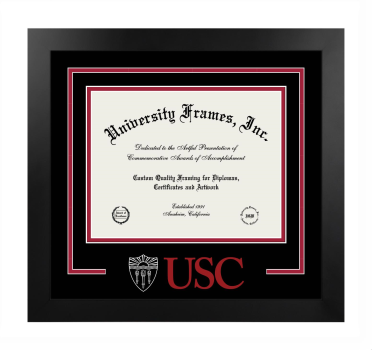 University of Southern California School of Cinema-Television Logo Mat Frame in Manhattan Black with Black & Crimson Mats for document: 8 1/2"h x 11"w  