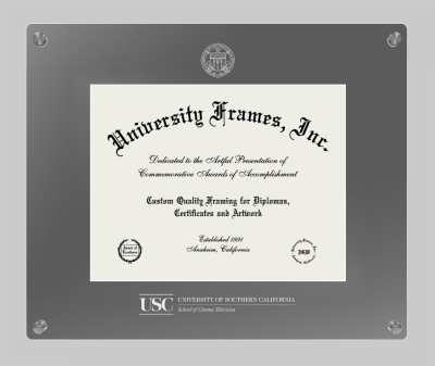 University of Southern California School of Cinema-Television Lucent Clear-over-Smoke Frame in Lucent Smoke Moulding with Lucent Smoke Mat for document: 8 1/2"h x 11"w  