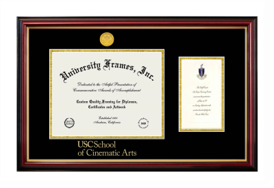 University of Southern California School of Cinematic Arts Diploma with Announcement Frame in Petite Mahogany with Gold Trim with Black & Gold Mats for document: 8 1/2"h x 11"w  , diploma: 7"h x 4"w  